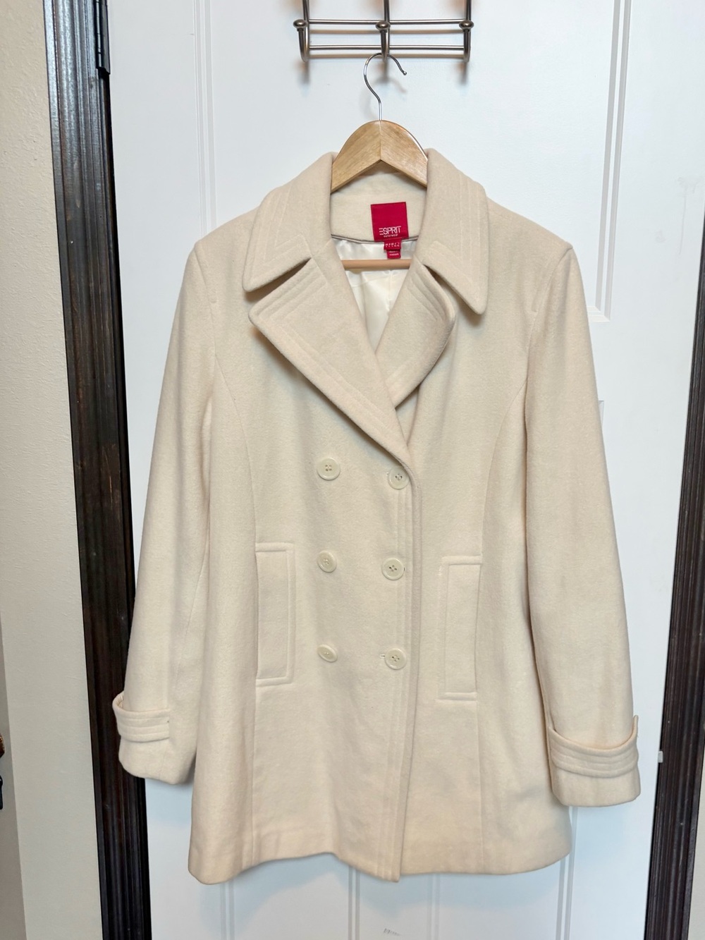 Esprit Cream 80% Wool Double Breasted Peacoat Jacket L